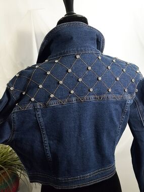 I&M Black Label🎀NWT Dark Blue Crystal Studded Yoke Cropped Denim Jacket